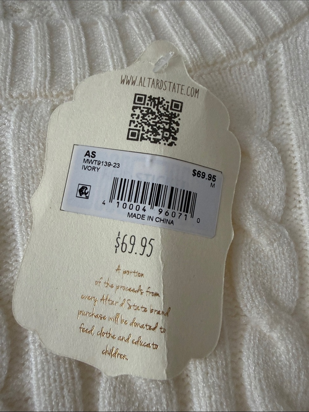 NWT Altar'd State Ivory Cable Knit Cropped Sweater Boxy Boho Cream Medium - Picture 2 of 6